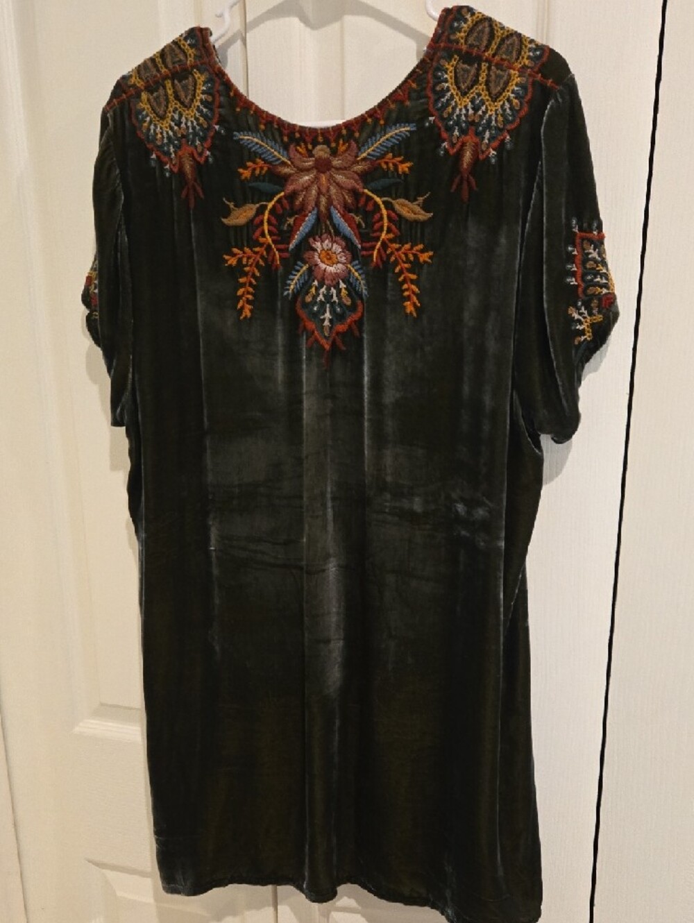 Johnny Was Embroidered Velvet Tunic in Olive with Red and Gold Accents - Picture 5 of 5